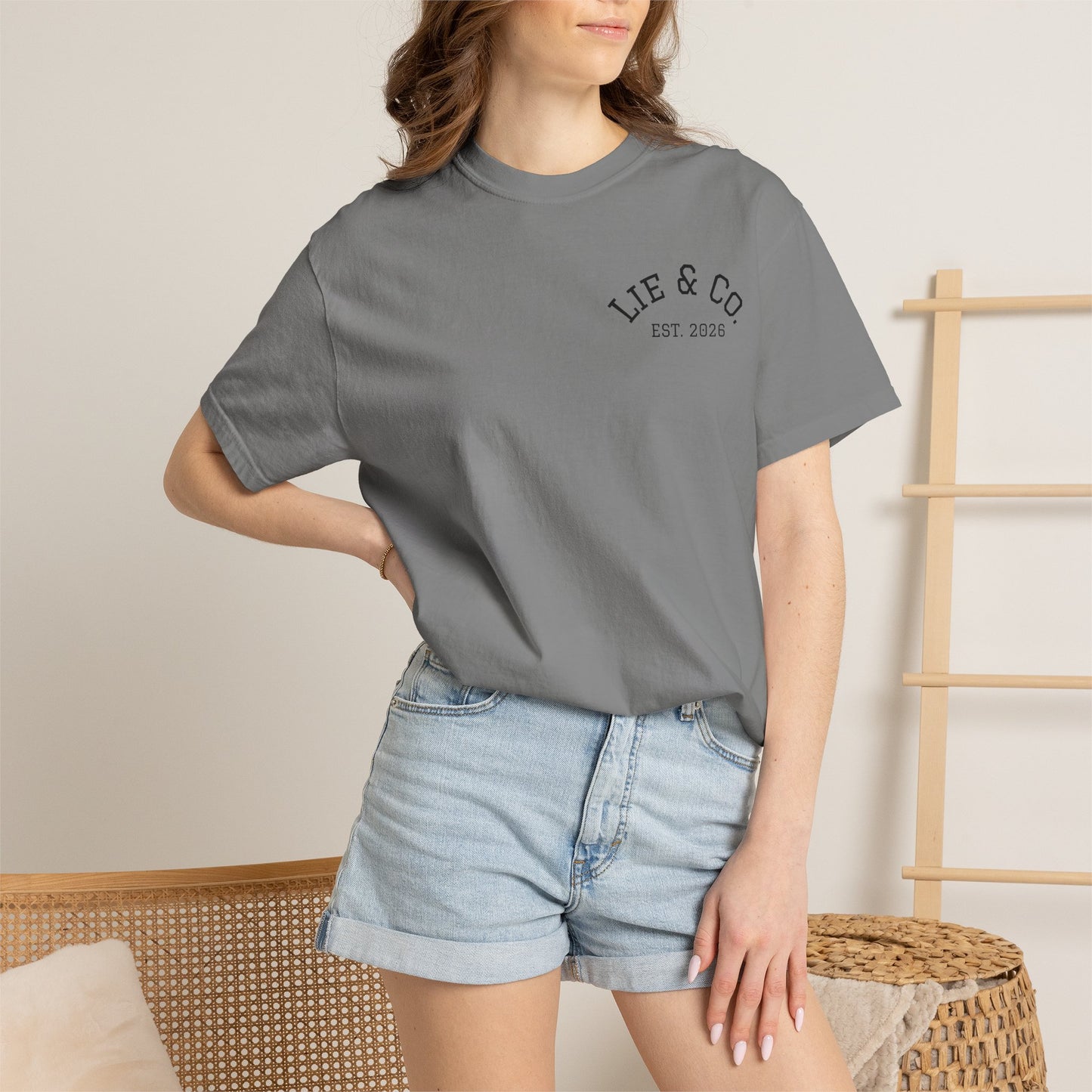 Lie & Co. Garment-Dyed T-Shirt — Vintage Chest Logo Tee